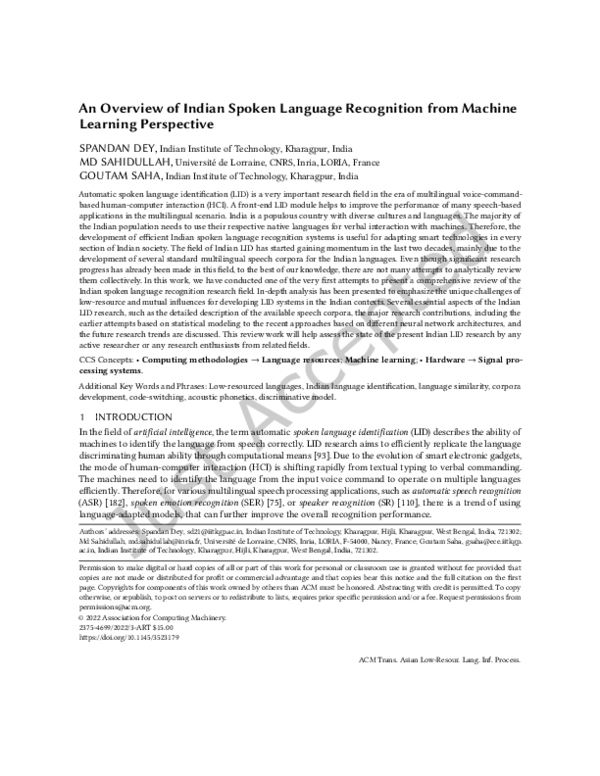 (PDF) An Overview of Indian Spoken Language Recognition from Machine ...