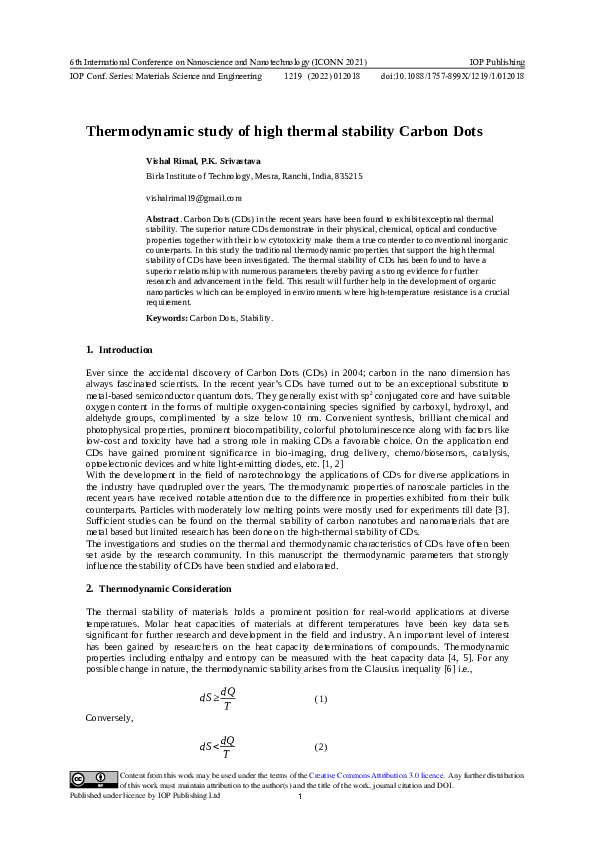 (PDF) Thermodynamic study of high thermal stability Carbon Dots