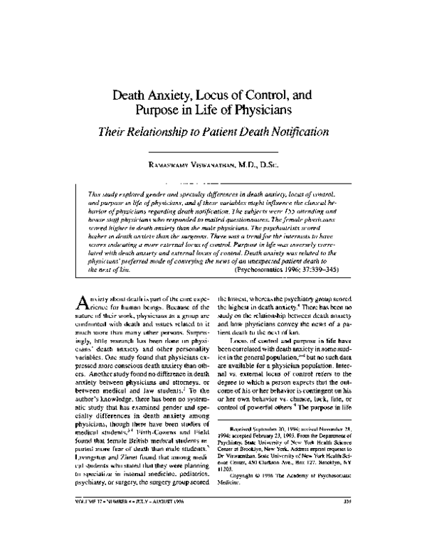 (PDF) Death Anxiety, Locus of Control, and Purpose in Life of Physicians