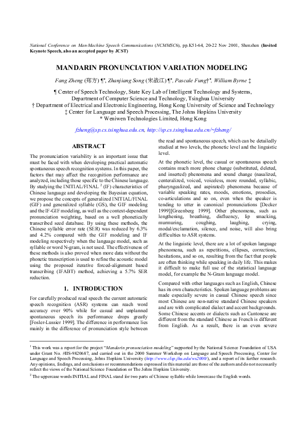 (PDF) Mandarin Pronunciation Variation Modeling 1