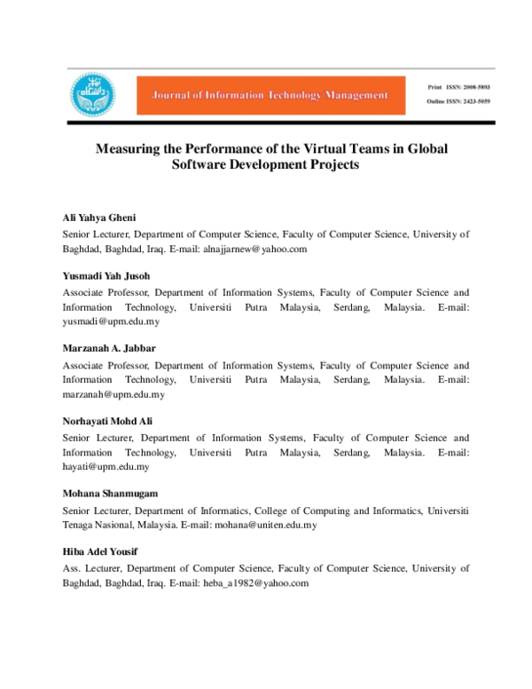 (PDF) Measuring the Performance of the Virtual Teams in Global Software ...