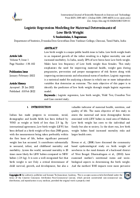 (PDF) Logistic Regression Modeling for Maternal Determinants of Low ...