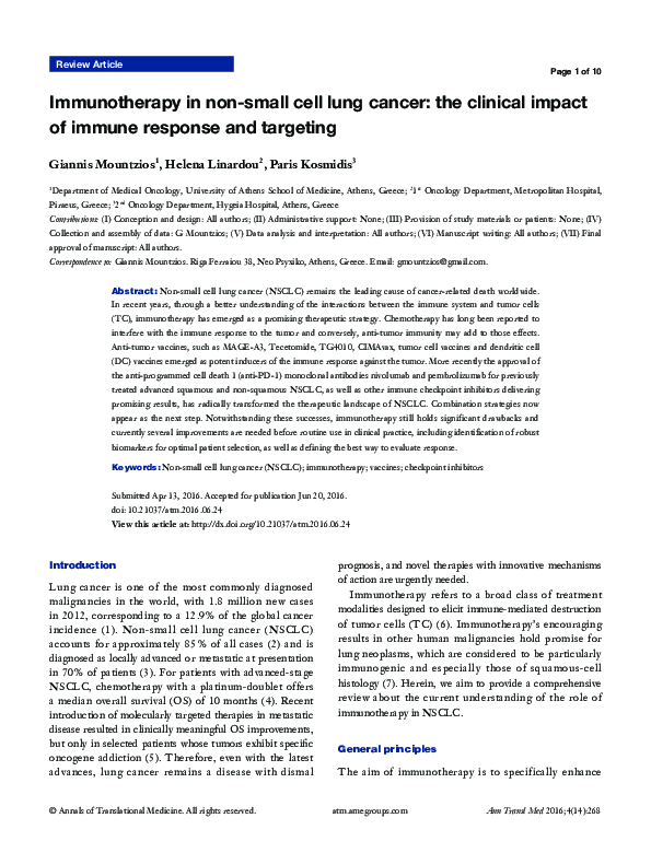 (PDF) Immunotherapy in non-small cell lung cancer: the clinical impact ...