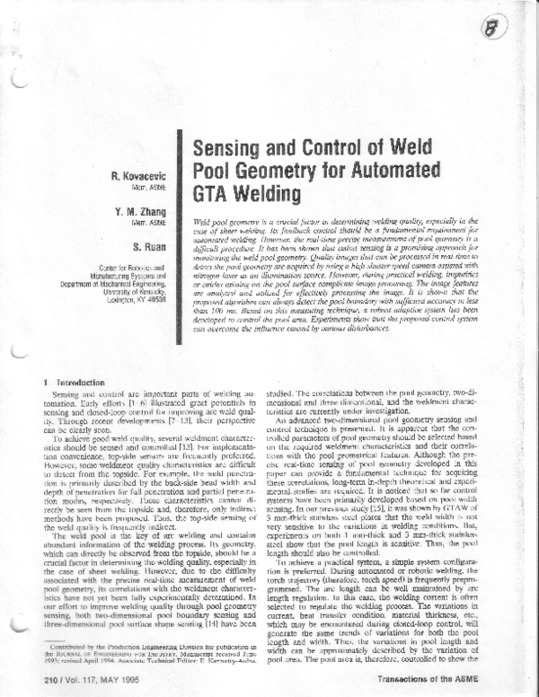 (PDF) Sensing and Control of Weld Pool Geometry for Automated GTA Welding