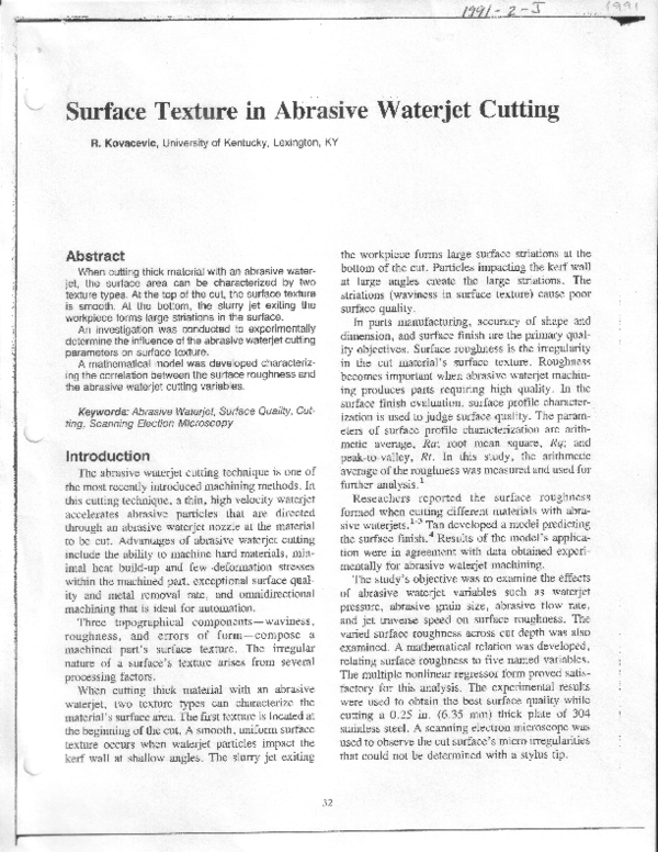 (PDF) Surface texture in abrasive waterjet cutting Radovan Kovacevic