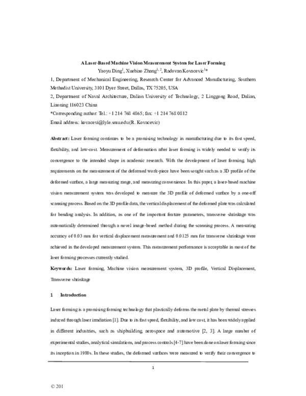 (PDF) A laser-based machine vision measurement system for laser forming