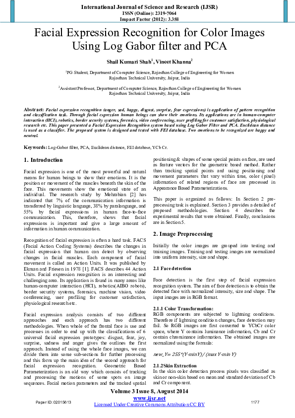 (PDF) Facial Expression Recognition for Color Images Using Log Gabor ...
