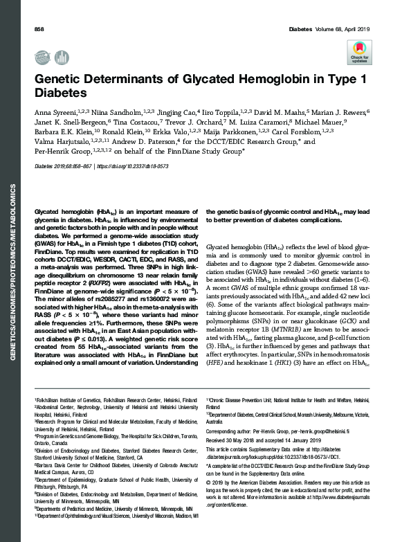 (PDF) Genetic Determinants of Glycated Hemoglobin in Type 1 Diabetes