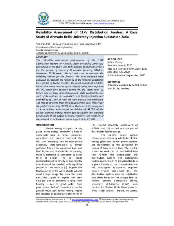 (PDF) Reliability Assessment of 11kV Distribution Feeders: A Case Study ...