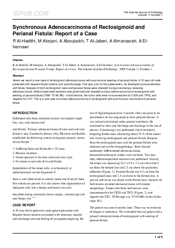 (PDF) Synchronous Adenocarcinoma of Rectosigmoid and Perianal Fistula ...