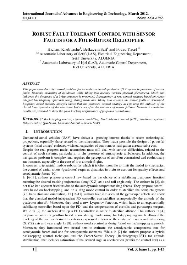 (PDF) Robust Fault Tolerant Control with Sensor Faults for a Four-Rotor ...
