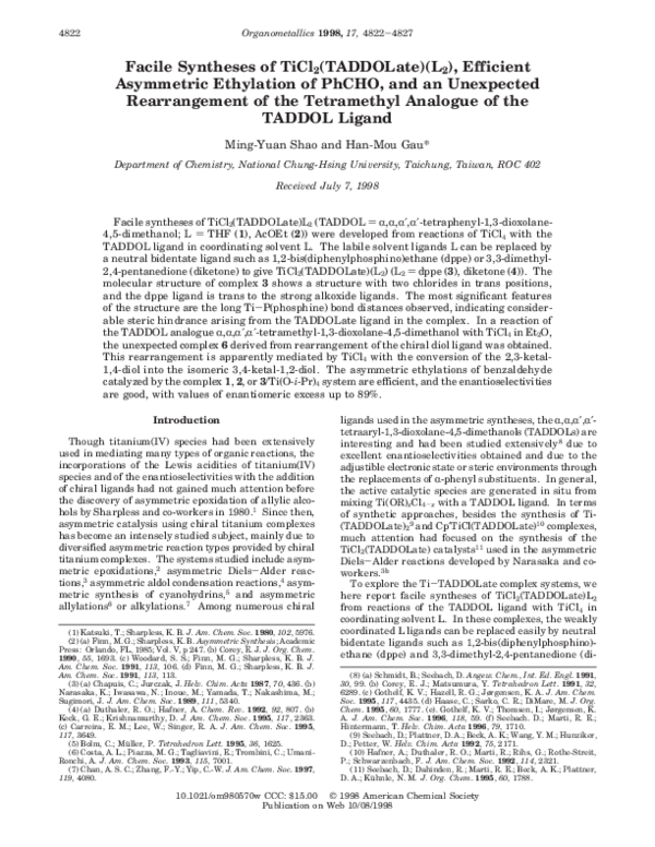 (PDF) Facile Syntheses of TiCl 2 (TADDOLate)(L 2 ), Efficient ...