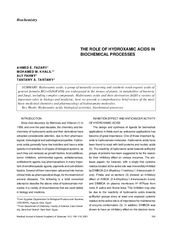 (PDF) The Role of Hydroxamic Acids in Biochemical Processes