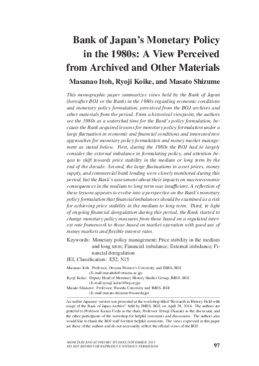 (PDF) Bank of Japan's Monetary Policy in the 1980s: a View Perceived ...