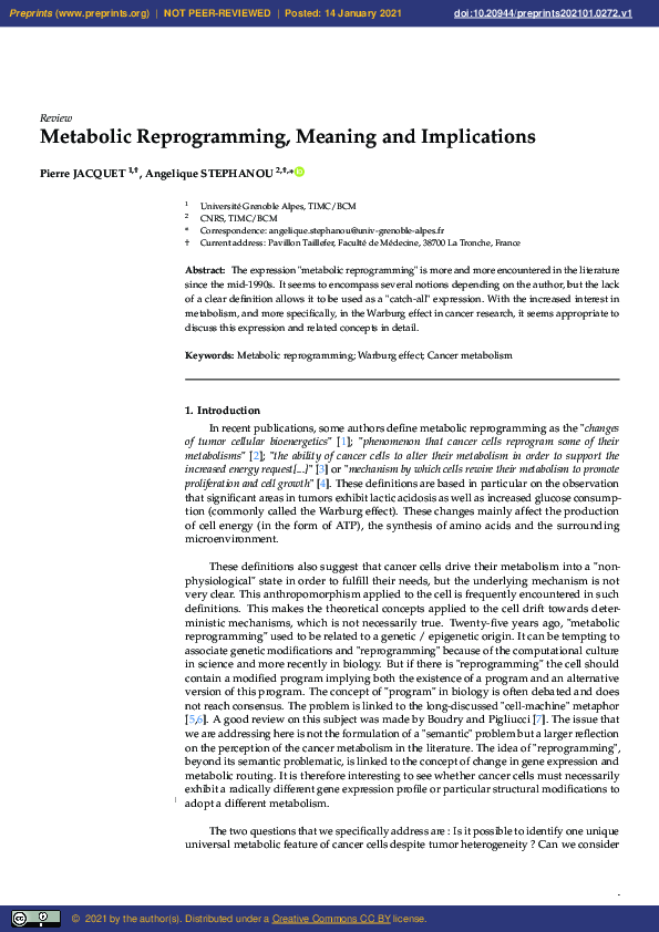 (PDF) Metabolic Reprogramming, Meaning and Implications
