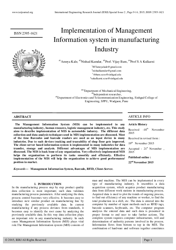 (PDF) Implementation of Management Information system in manufacturing ...