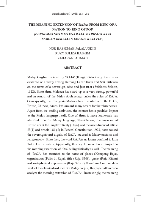  PDF The Meaning Extension Of Raja From King Of A Nation To King Of Pop Pengembangan Makna 