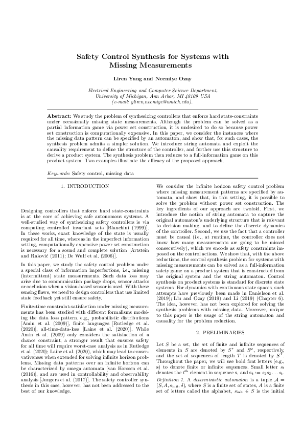 (PDF) Safety Control Synthesis for Systems with Missing Measurements