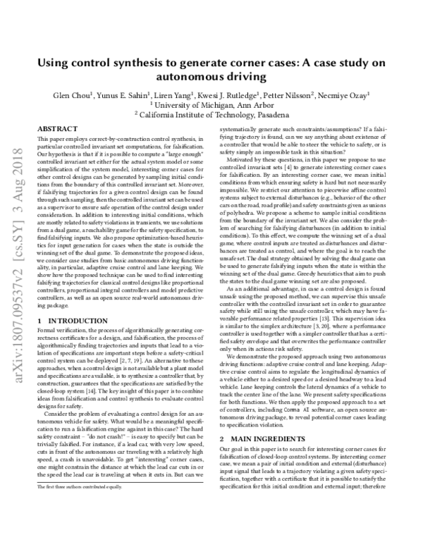(PDF) Using Control Synthesis to Generate Corner Cases A Case Study on