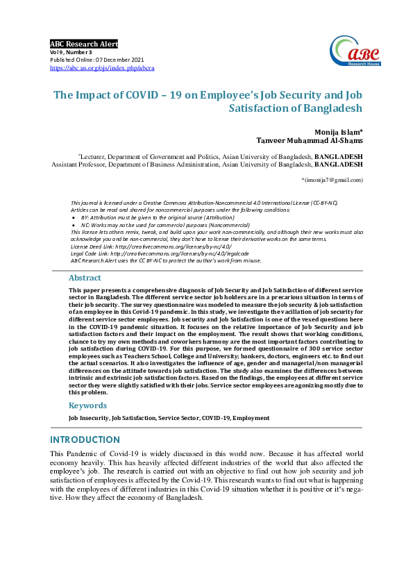 (PDF) The Impact of COVID – 19 on Employee’s Job Security and Job ...
