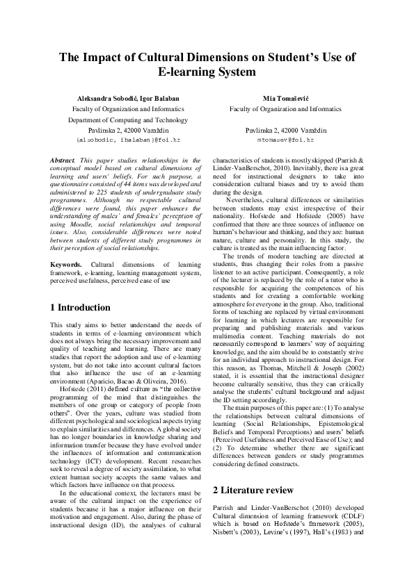 (PDF) The Impact of Cultural Dimensions on Student ’ s Use of E ...