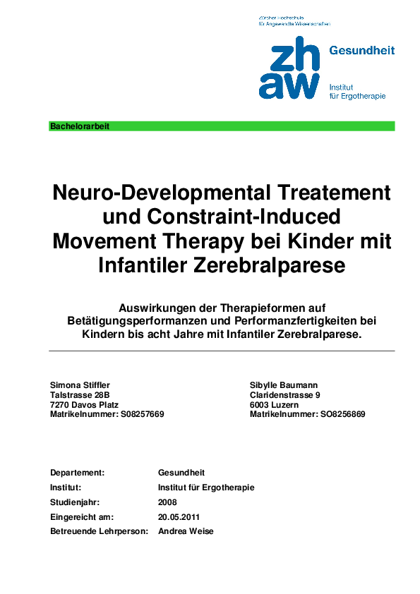 (PDF) NeuroDevelopmental Treatment und ConstraintInduced Movement Therapy bei Kindern mit