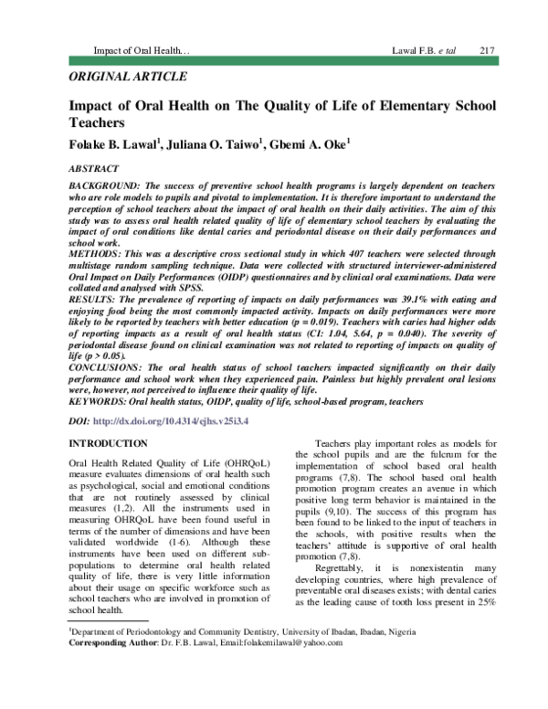 (PDF) Impact of Oral Health on The Quality of Life of Elementary School ...