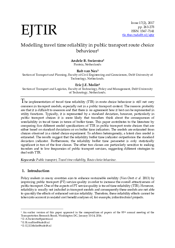 (PDF) Modelling travel time reliability in public transport route ...