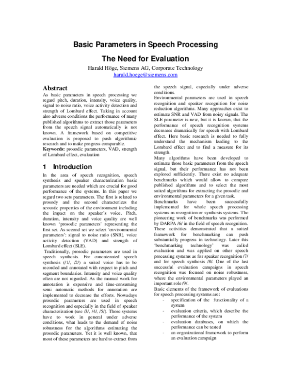 (PDF) Basic Parameters in Speech Processing The Need for Evaluation