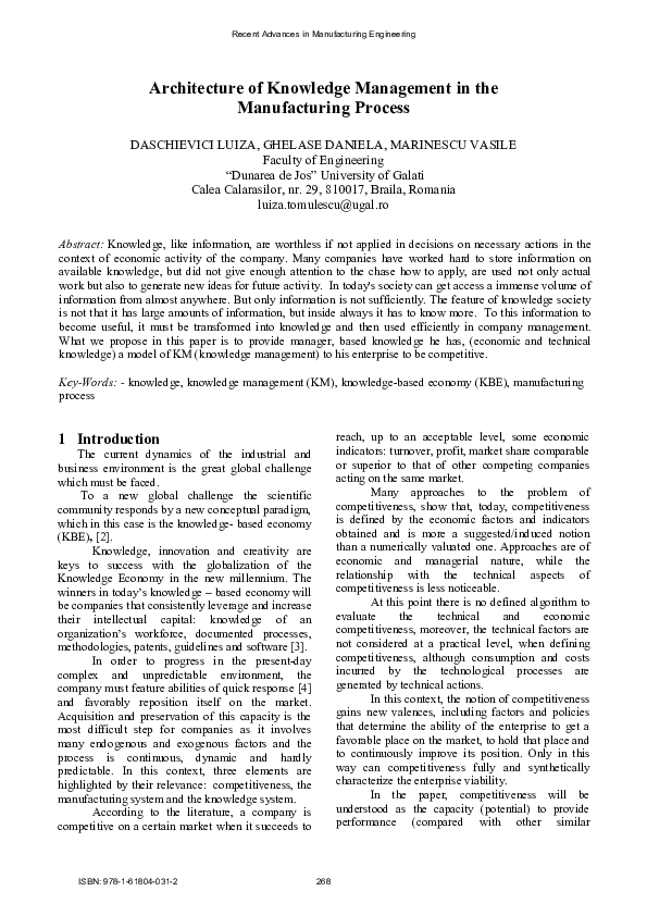 (PDF) Architecture of Knowledge Management in the Manufacturing Process
