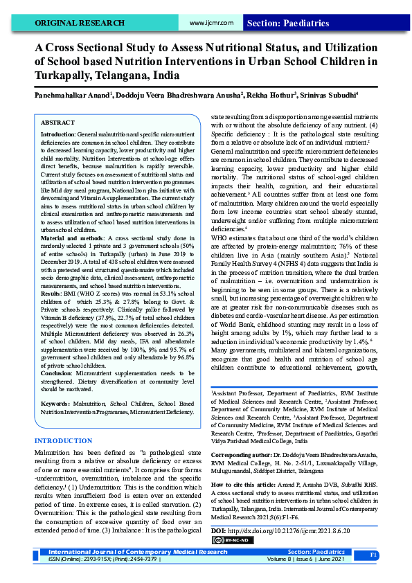 (PDF) A Cross Sectional Study to Assess Nutritional Status, and ...