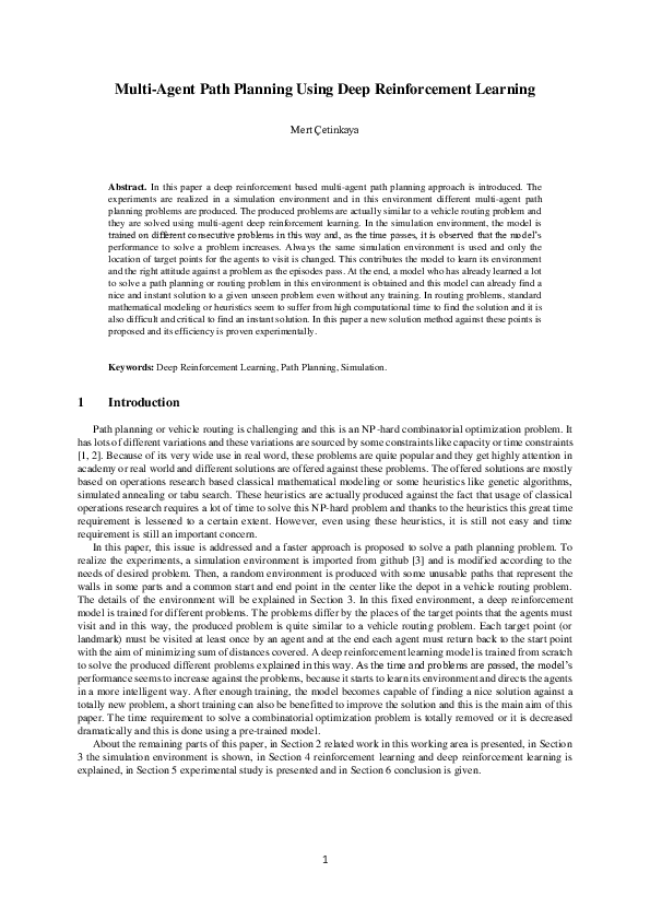(PDF) Multi-Agent Path Planning Using Deep Reinforcement Learning