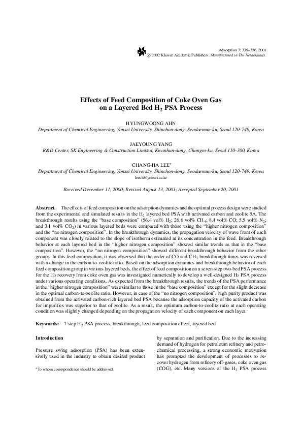 (PDF) Effects of feed composition of coke oven gas on a layered bed H 2