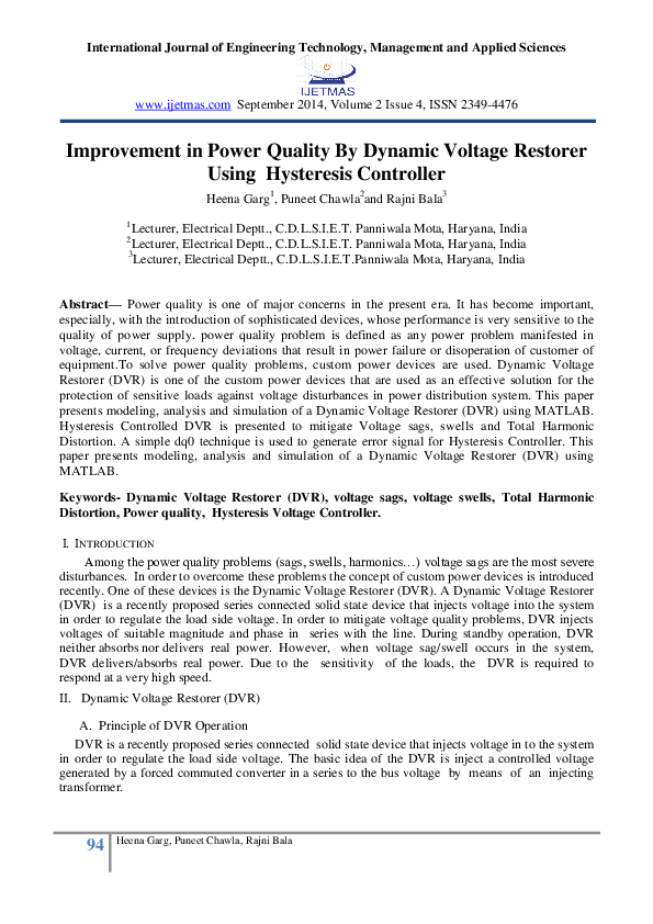 (PDF) Improvement in Power Quality By Dynamic Voltage Restorer Using ...