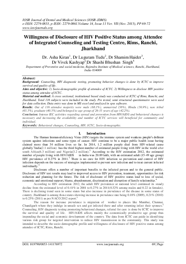 (PDF) Willingness of Disclosure of HIV Positive Status among Attendee