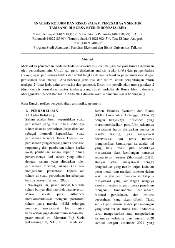 (PDF) ANALISIS RETURN DAN RISKO SAHAM PERUSAHAAN SEKTOR TAMBANG DI ...
