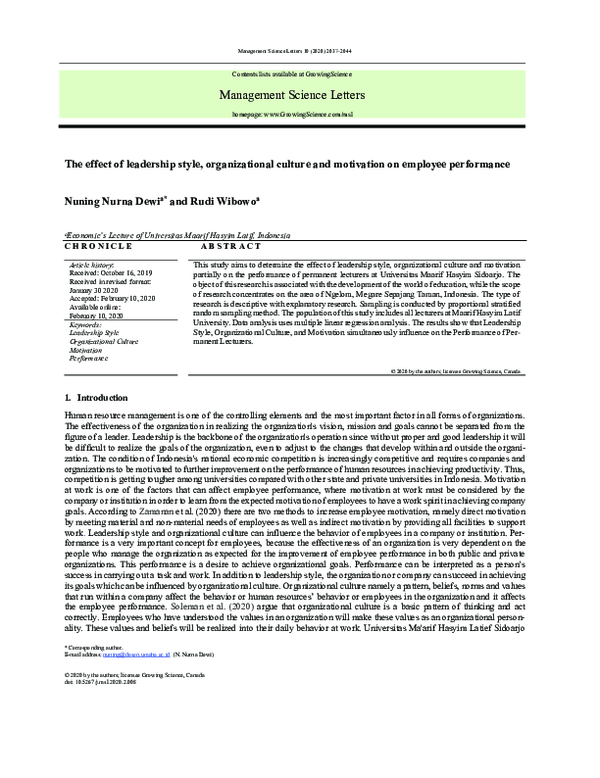 (PDF) The effect of leadership style, organizational culture and ...