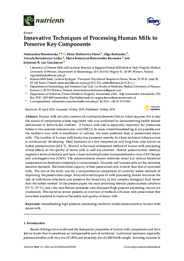 (PDF) Innovative Techniques of Processing Human Milk to Preserve Key ...