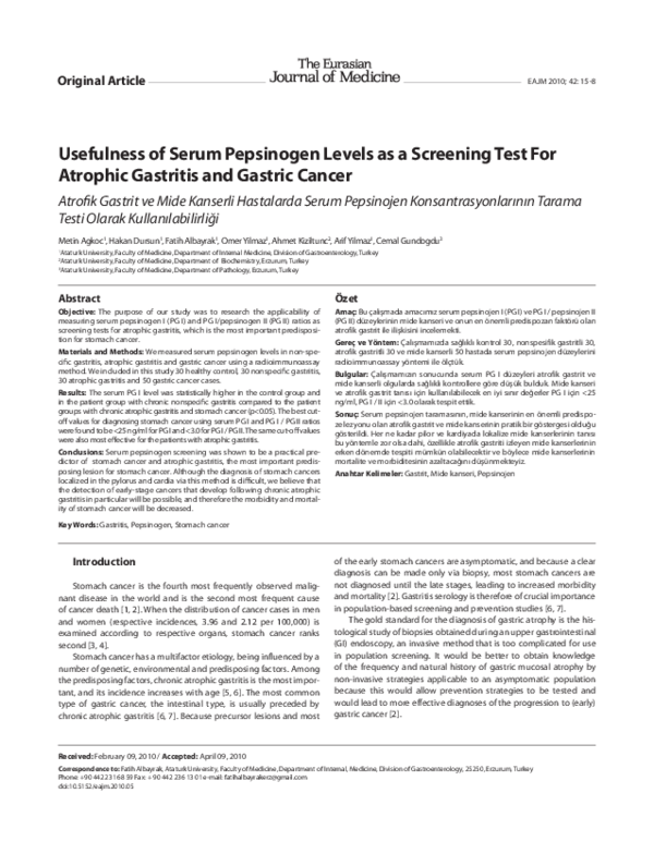 (PDF) Usefulness of Serum Pepsinogen Levels as a Screening Test For ...