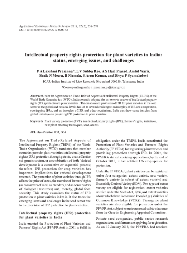 (PDF) Intellectual property rights protection for plant varieties in