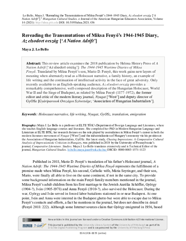 (PDF) Rereading the Transmutations of Miksa Fenyő’s 19441945 Diary, Az