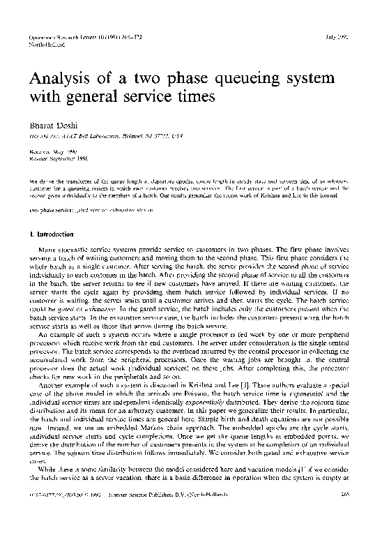 (PDF) Analysis of a two phase queueing system with general service times
