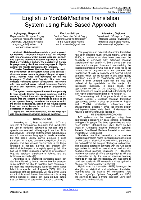 (PDF) English to Yorùbá Machine Translation System using Rule-Based ...