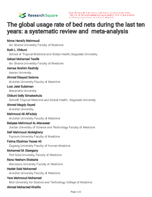 (PDF) Global Usage Rate of Bed Nets During the Last Ten Years A
