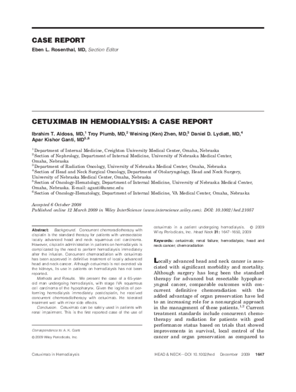(PDF) Cetuximab in hemodialysis A case report Weining Zhen