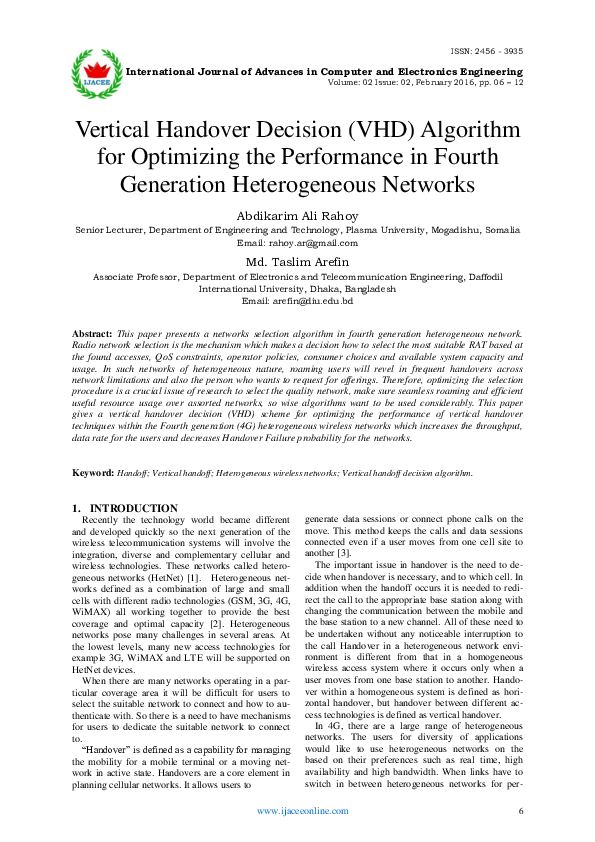 (PDF) Vertical Handover Decision (VHD) Algorithm for Optimizing the ...