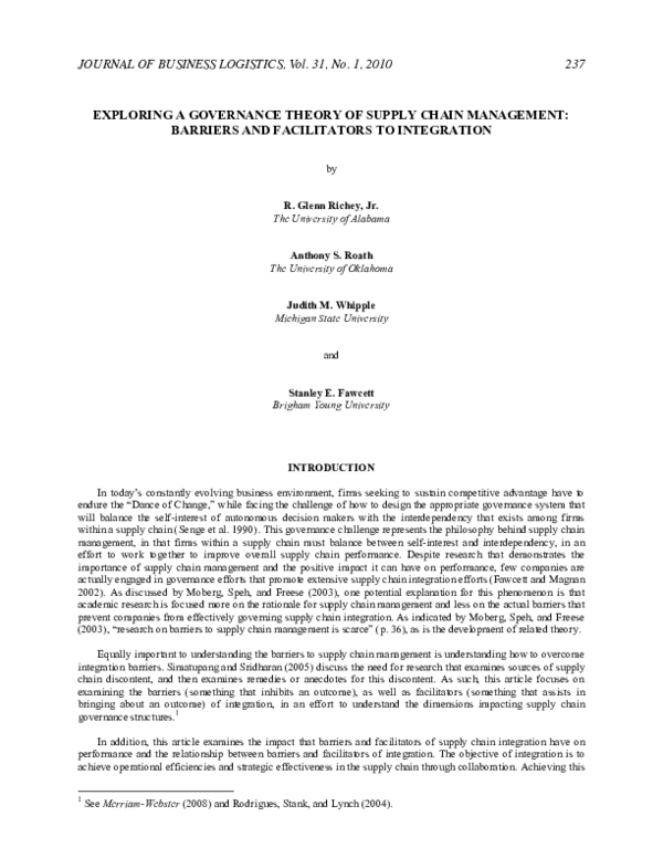 (PDF) Exploring a governance theory of supply chain management