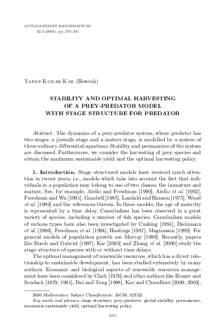 (PDF) Stability and optimal harvesting of a prey-predator model with ...