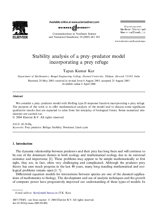 (PDF) Stability analysis of a prey-predator model incorporating a prey ...