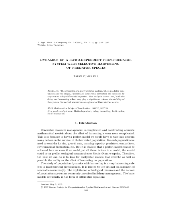 (PDF) Dynamics of a ratio-dependent prey-predator system with selective ...